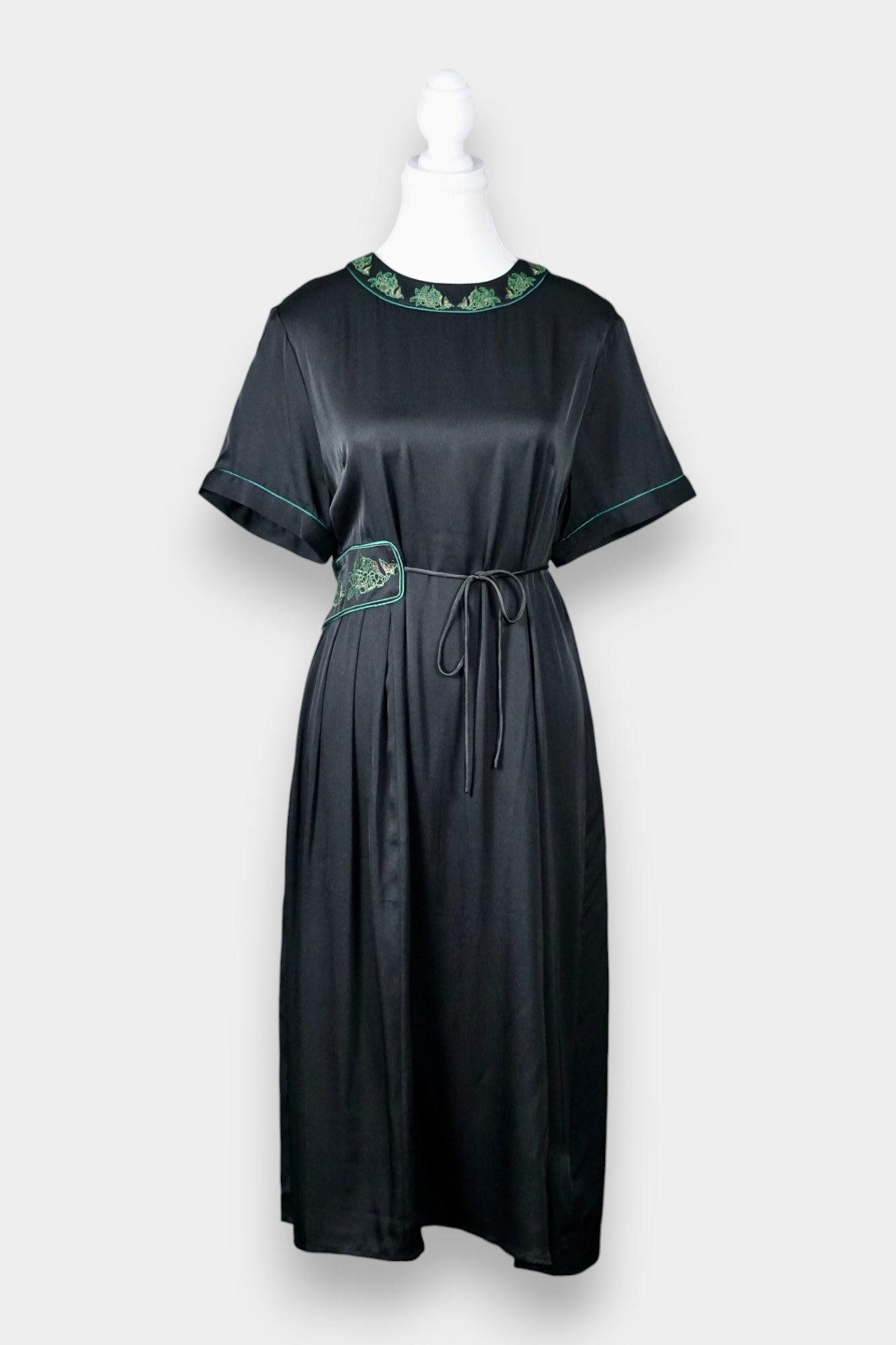 Embroidered Silk Satin Midi Dress in Black