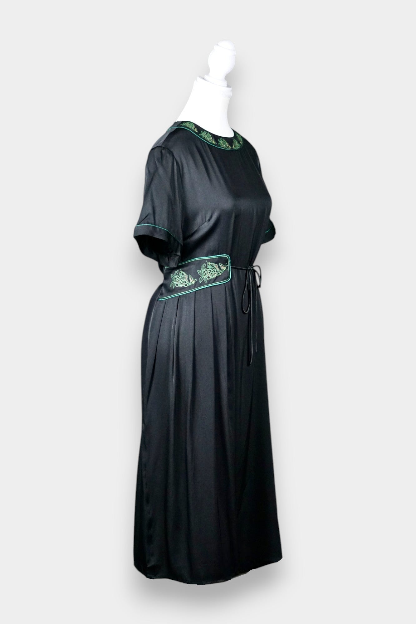 Embroidered Silk Satin Midi Dress in Black