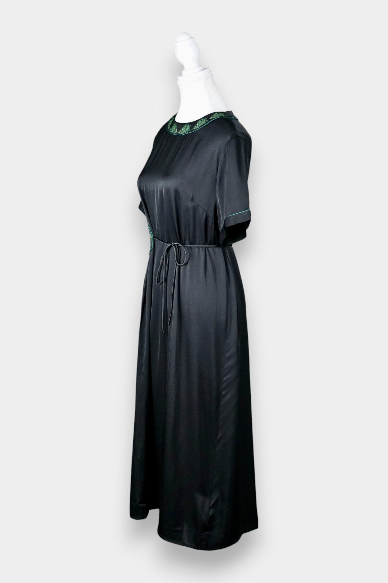 Embroidered Silk Satin Midi Dress in Black