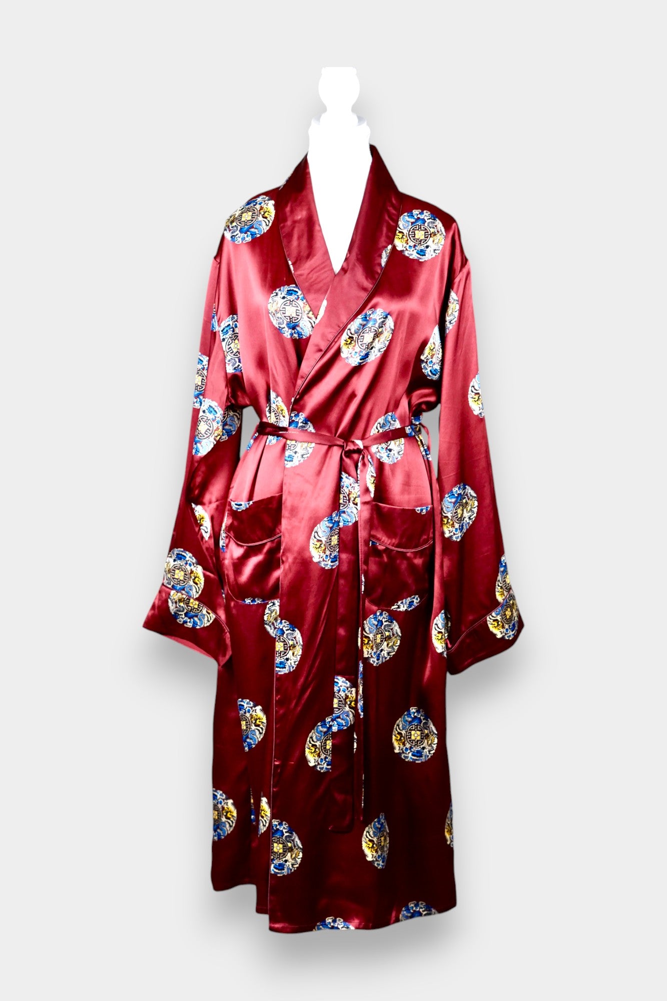 Printed Silk Robe with Oriental Motif in Burgundy
