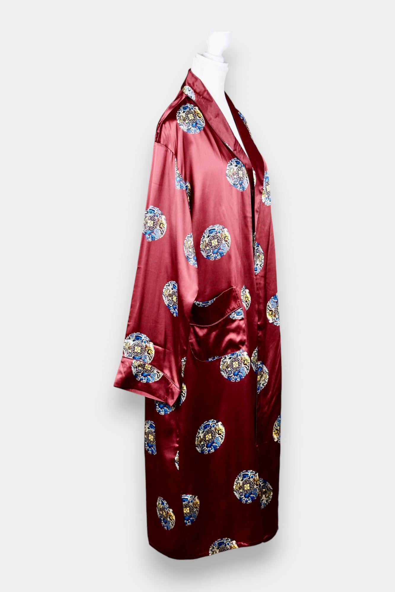 Printed Silk Robe with Oriental Motif in Burgundy