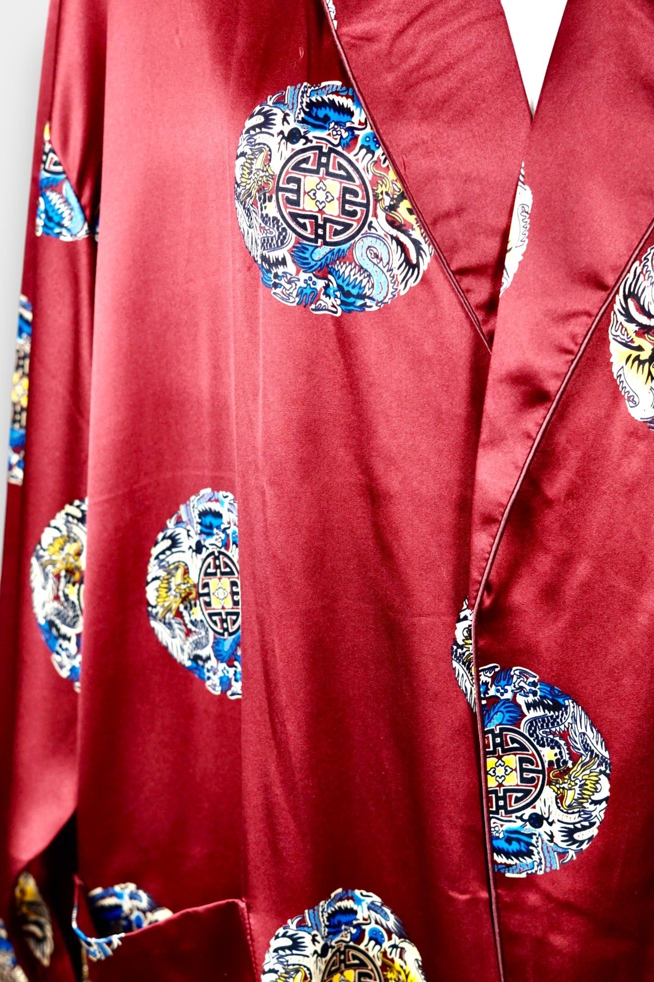 Printed Silk Robe with Oriental Motif in Burgundy