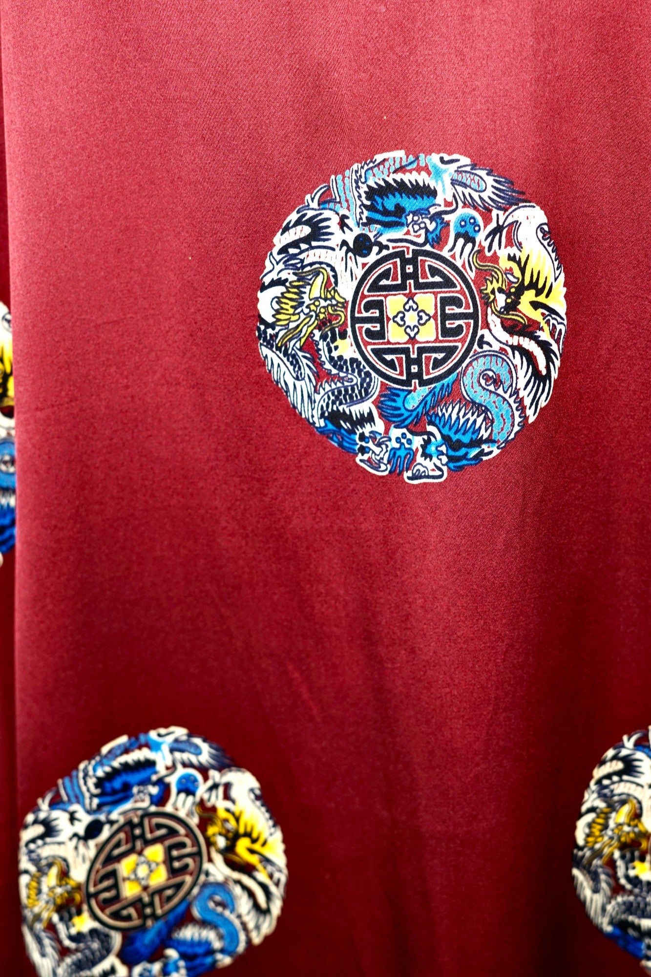 Printed Silk Robe with Oriental Motif in Burgundy