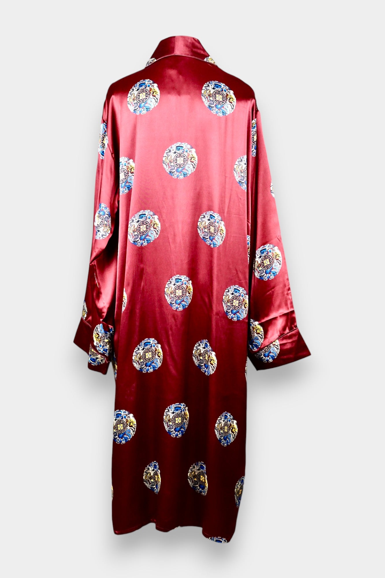 Printed Silk Robe with Oriental Motif in Burgundy