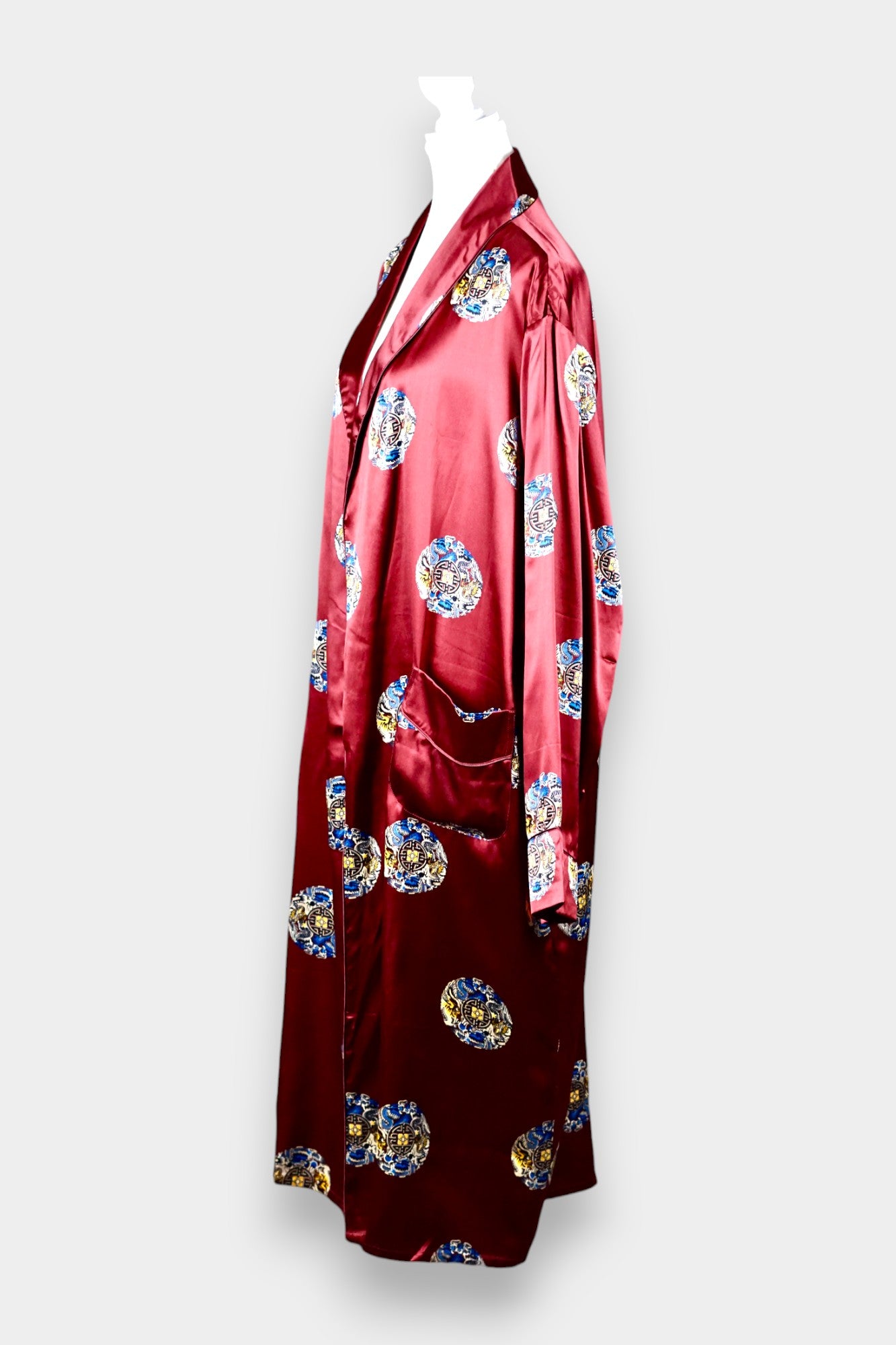 Printed Silk Robe with Oriental Motif in Burgundy