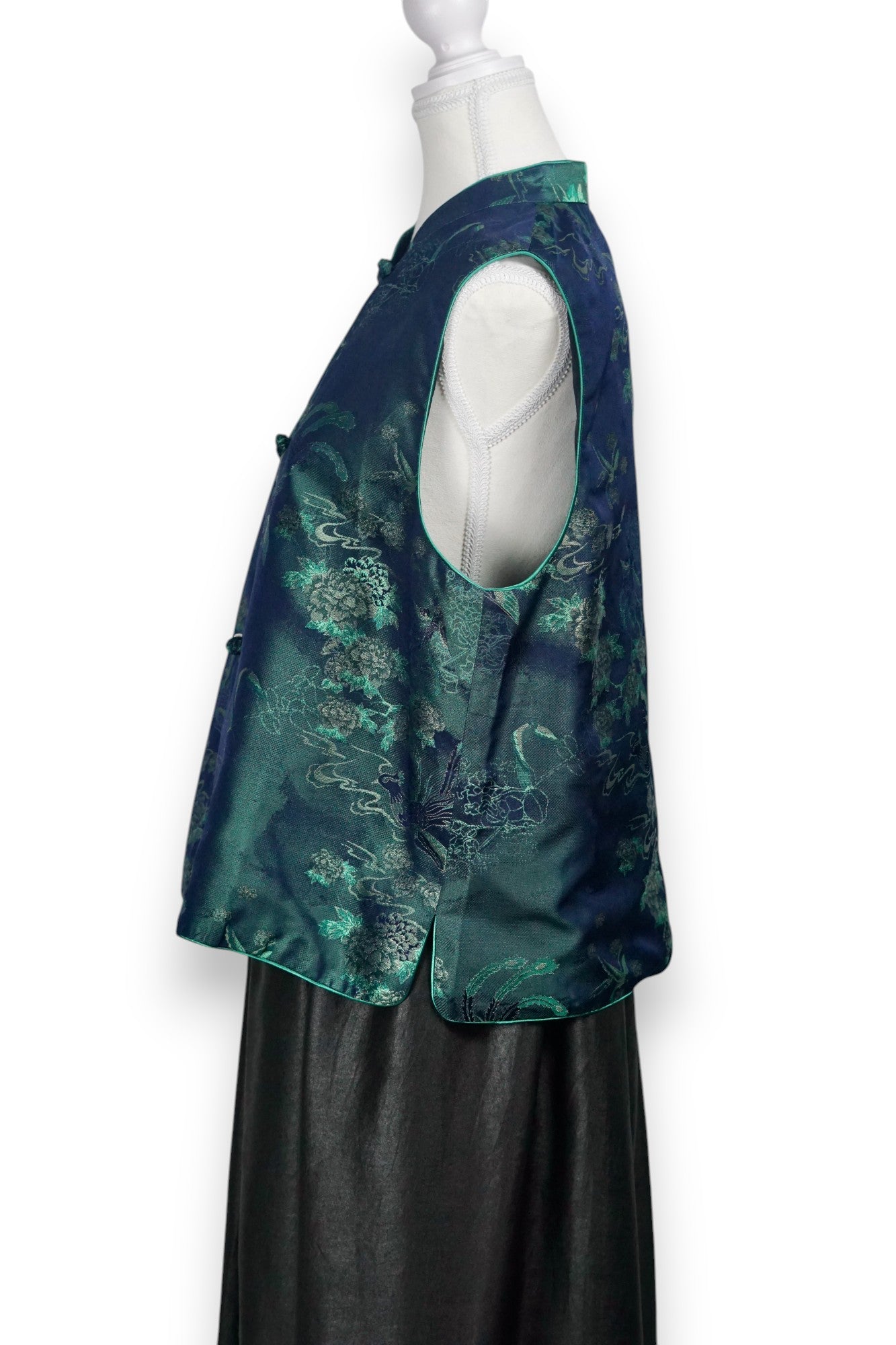 Handcrafted Emerald Silk Brocade Vest | 100% Mulberry Silk with Knot Buttons