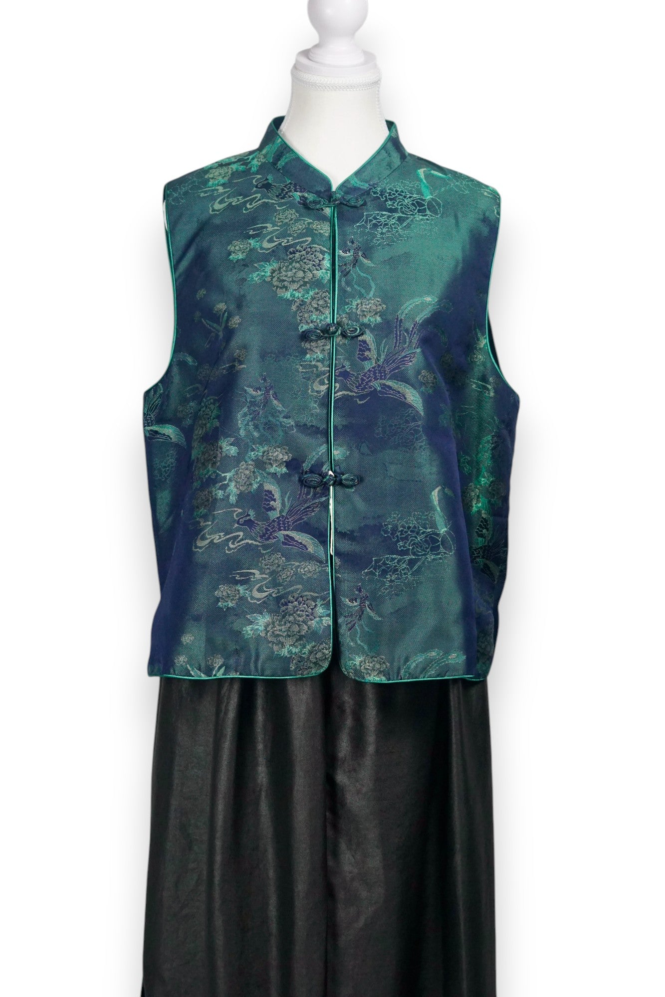 Handcrafted Emerald Silk Brocade Vest | 100% Mulberry Silk with Knot Buttons