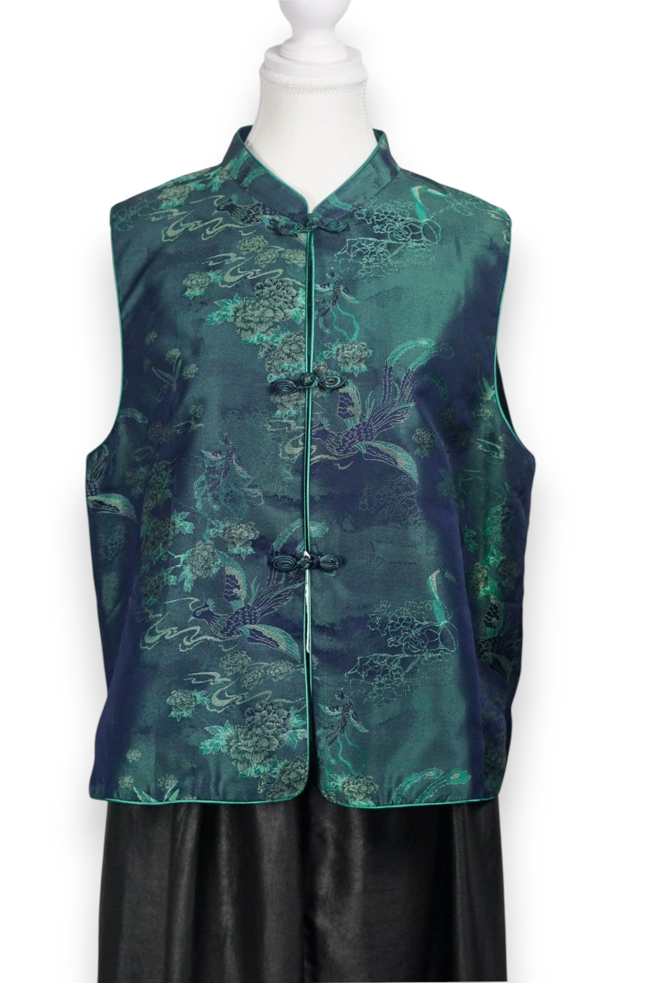 Handcrafted Emerald Silk Brocade Vest | 100% Mulberry Silk with Knot Buttons
