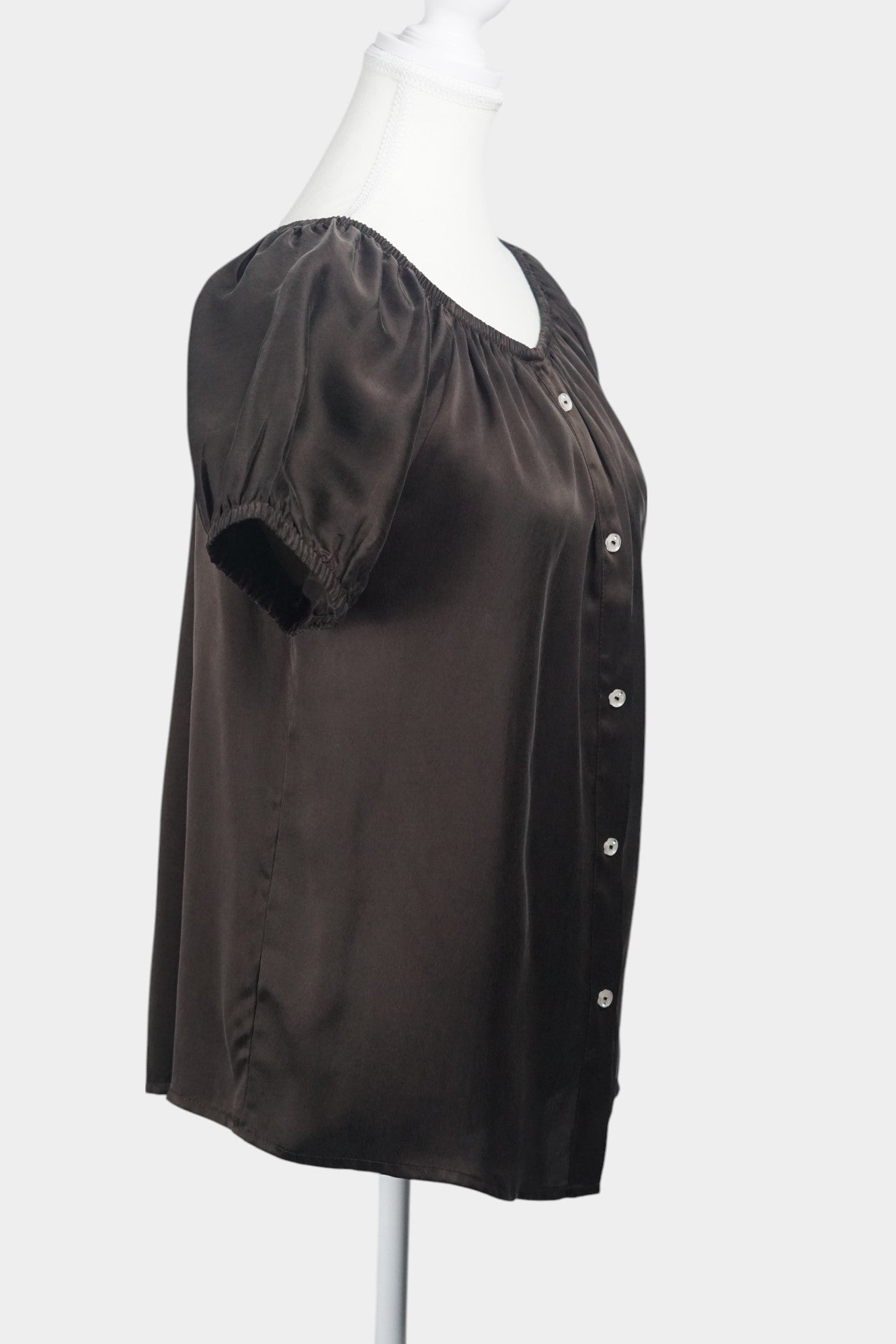 Elegant Chocolate Brown Mulberry Silk Top | Puff-Sleeve Blouse | 100% Silk