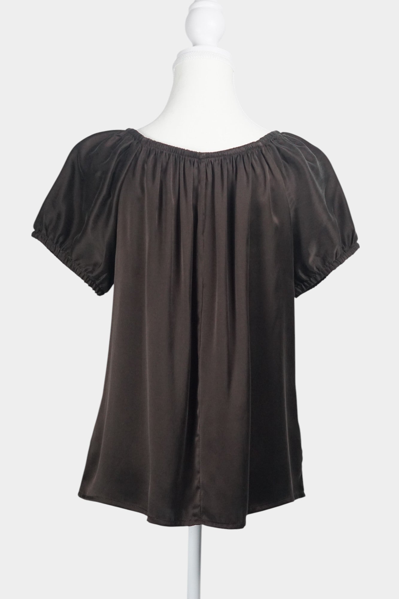 Elegant Chocolate Brown Mulberry Silk Top | Puff-Sleeve Blouse | 100% Silk