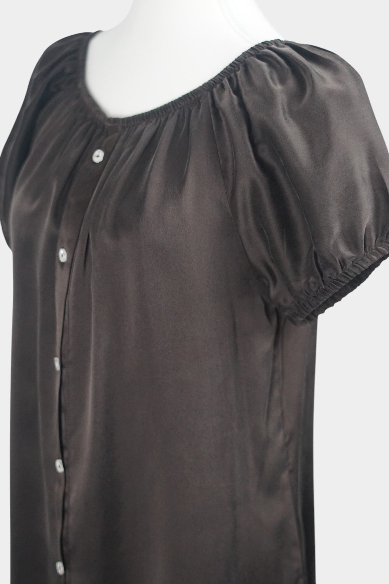Elegant Chocolate Brown Mulberry Silk Top | Puff-Sleeve Blouse | 100% Silk
