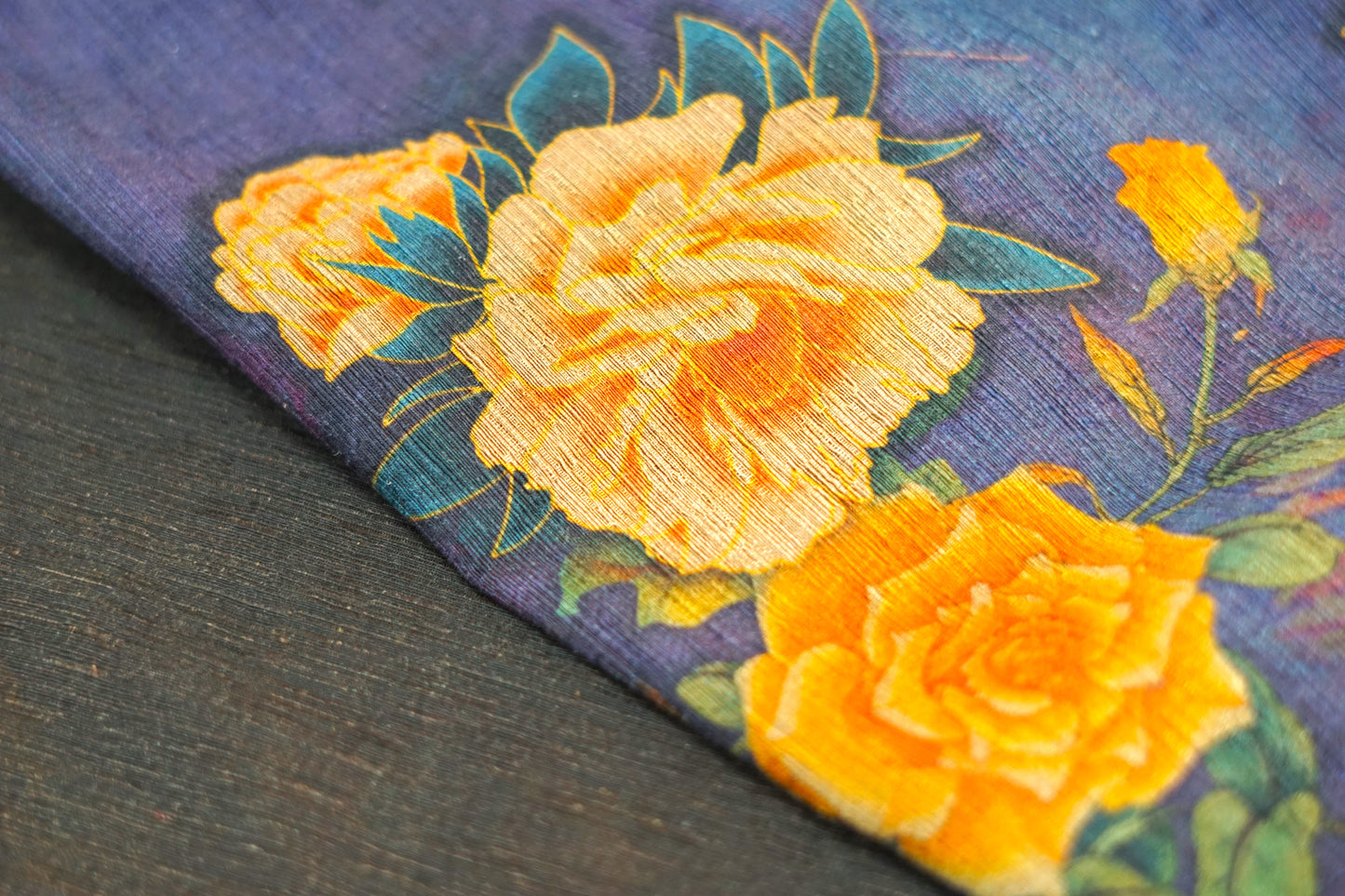 Purple Gambiered Canton Gauze silk skirt with orange floral print and elastic waist.