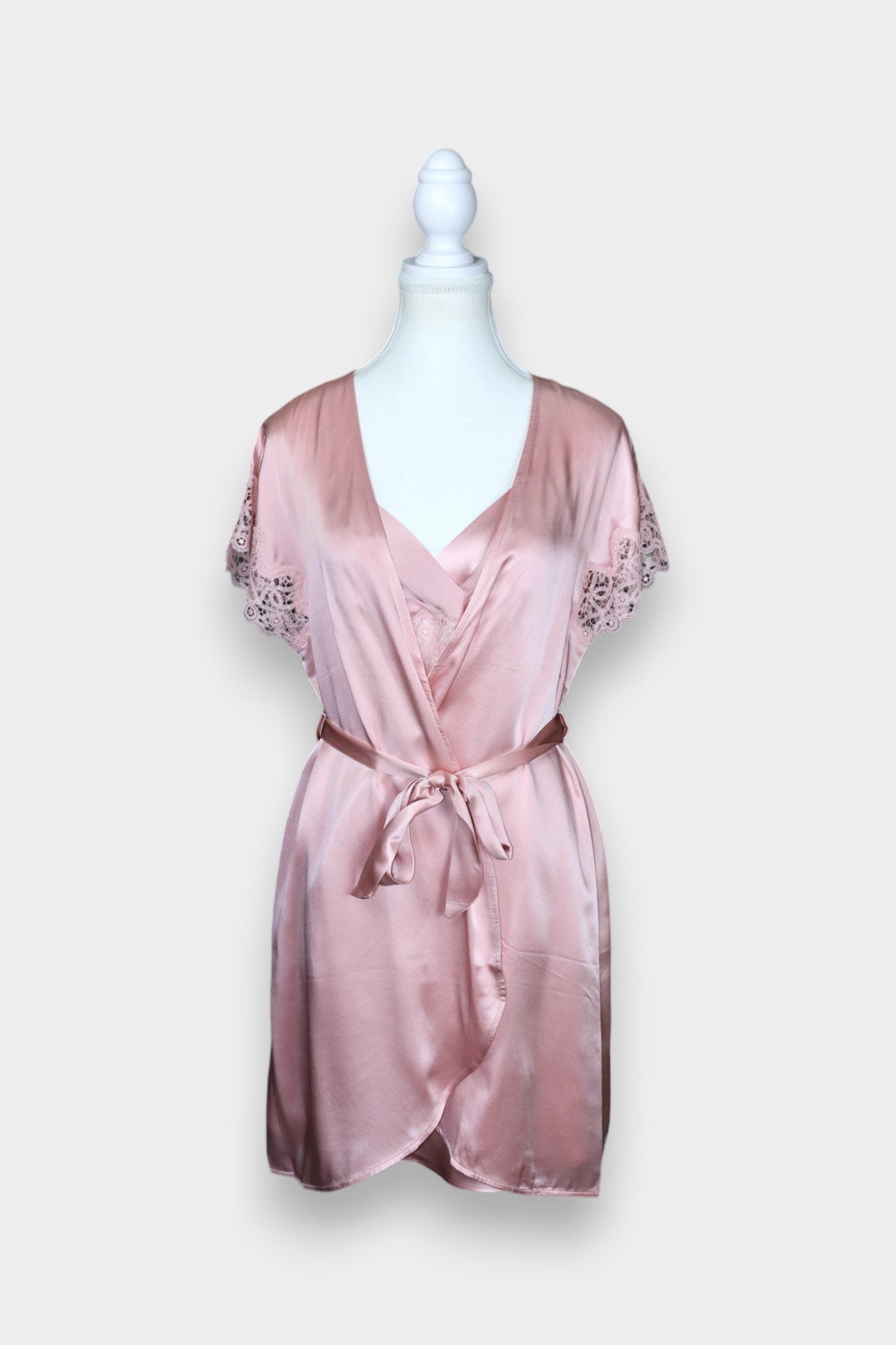 Silk Satin Loungewear Set | Lace Trim Camisole & Robe in Dusty Pink