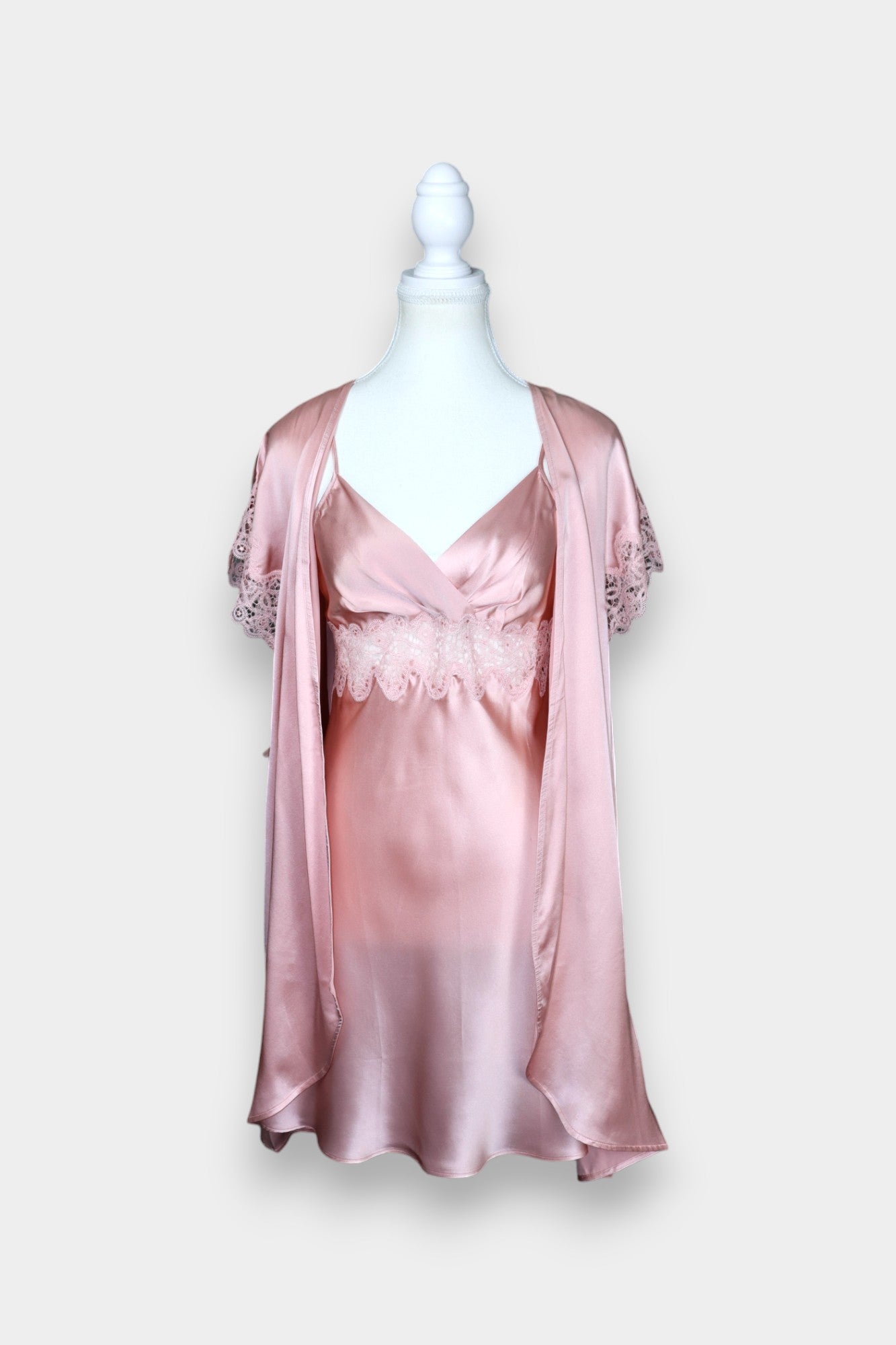 Silk Satin Loungewear Set | Lace Trim Camisole & Robe in Dusty Pink