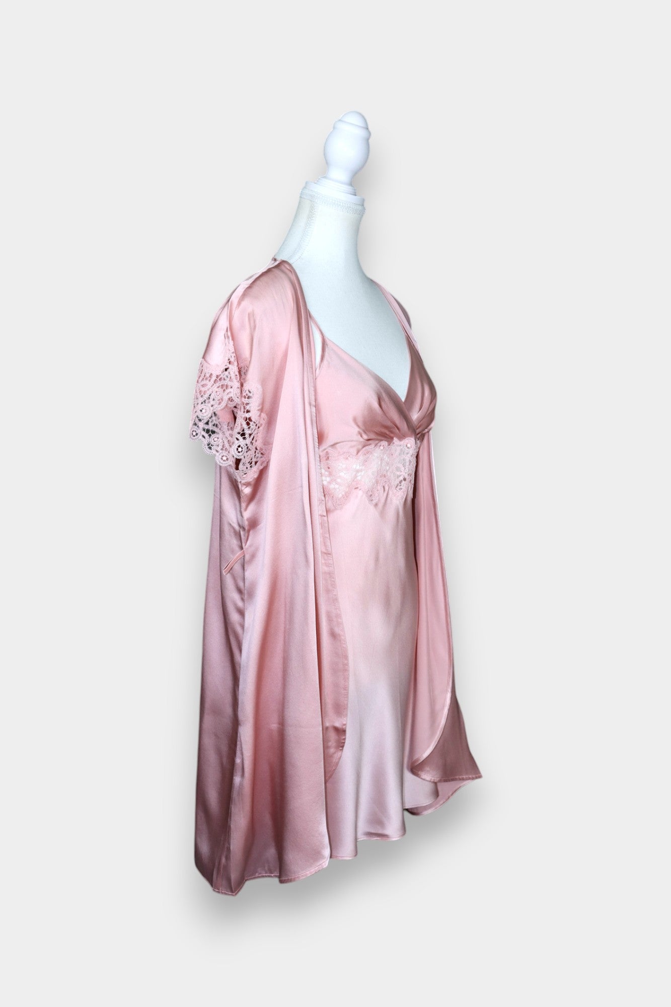 Silk Satin Loungewear Set | Lace Trim Camisole & Robe in Dusty Pink