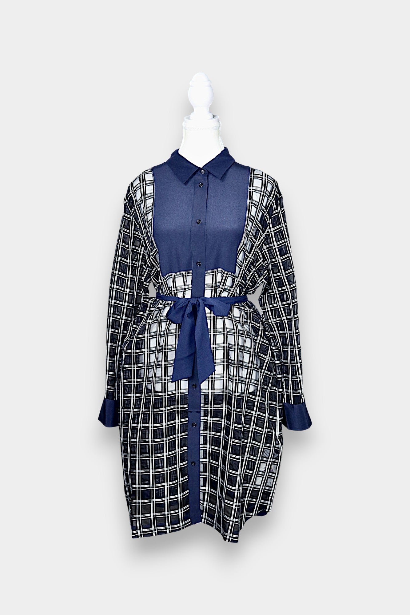Sheer Mulberry Silk Shirt Dress | Navy Check with Contrast Panels
