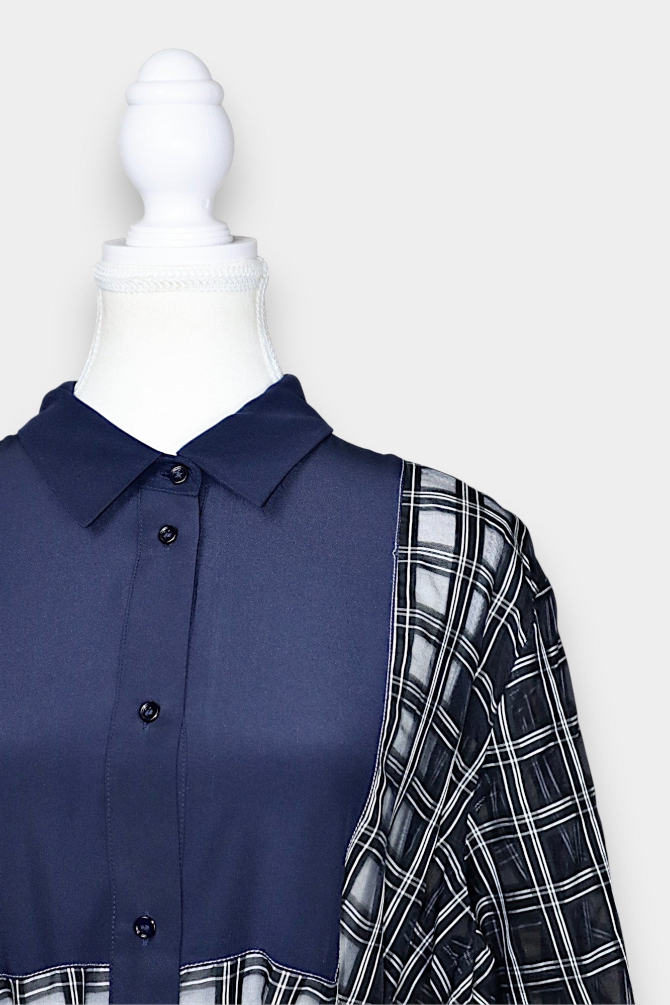 Sheer Mulberry Silk Shirt Dress | Navy Check with Contrast Panels