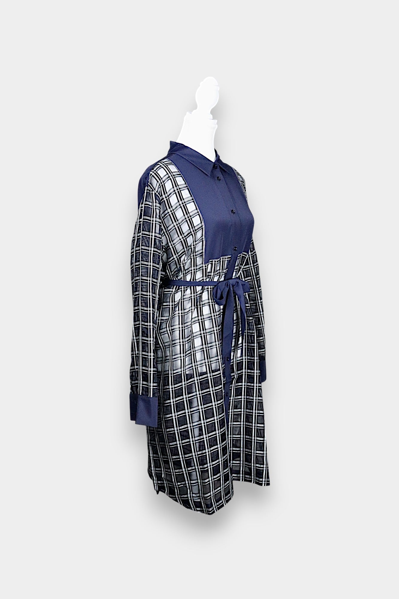 Sheer Mulberry Silk Shirt Dress | Navy Check with Contrast Panels