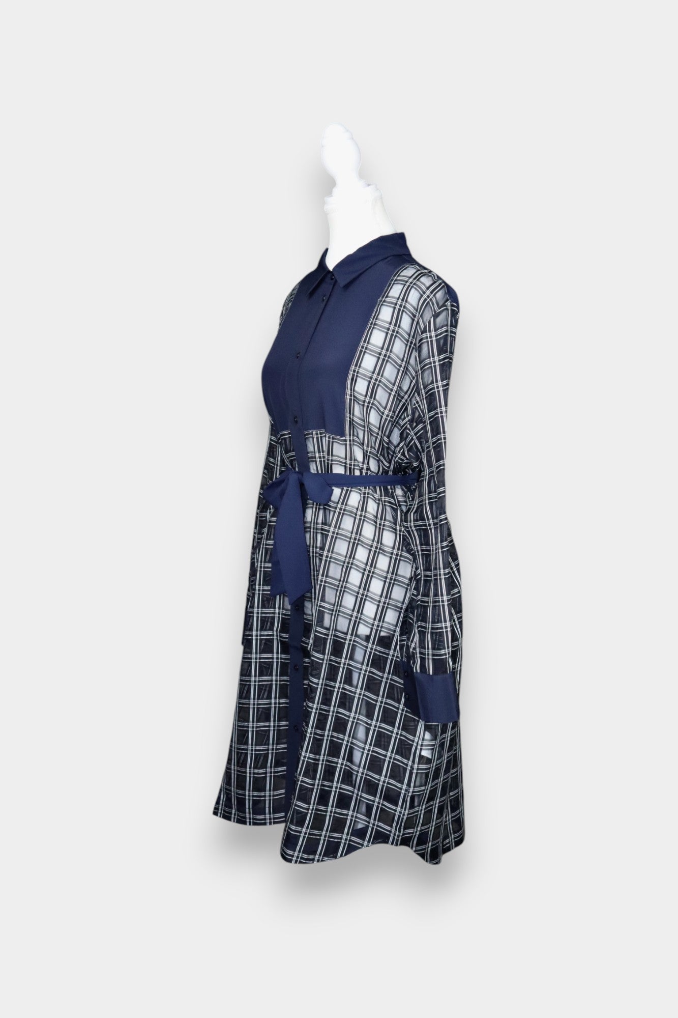 Sheer Mulberry Silk Shirt Dress | Navy Check with Contrast Panels
