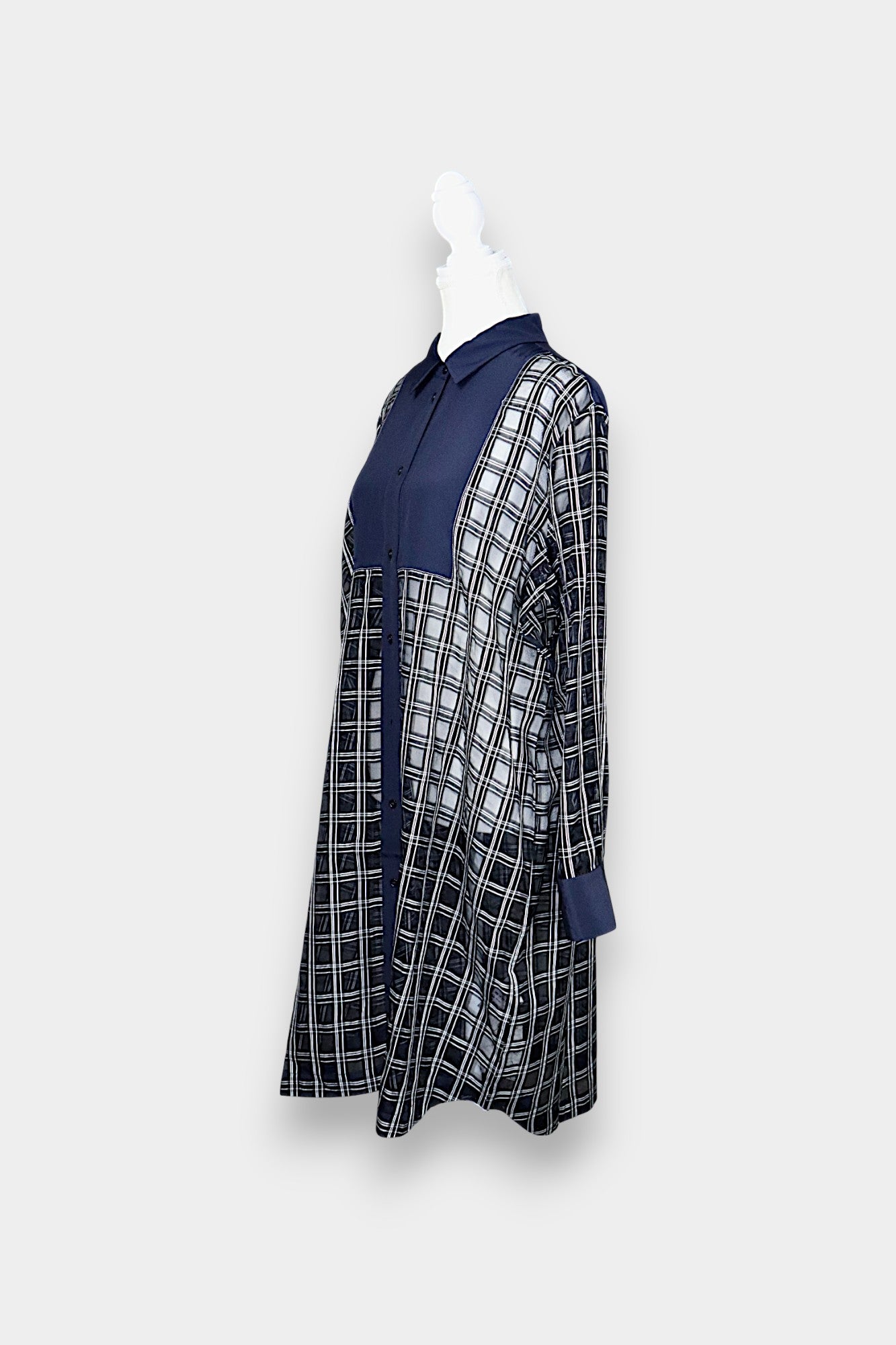 Sheer Mulberry Silk Shirt Dress | Navy Check with Contrast Panels
