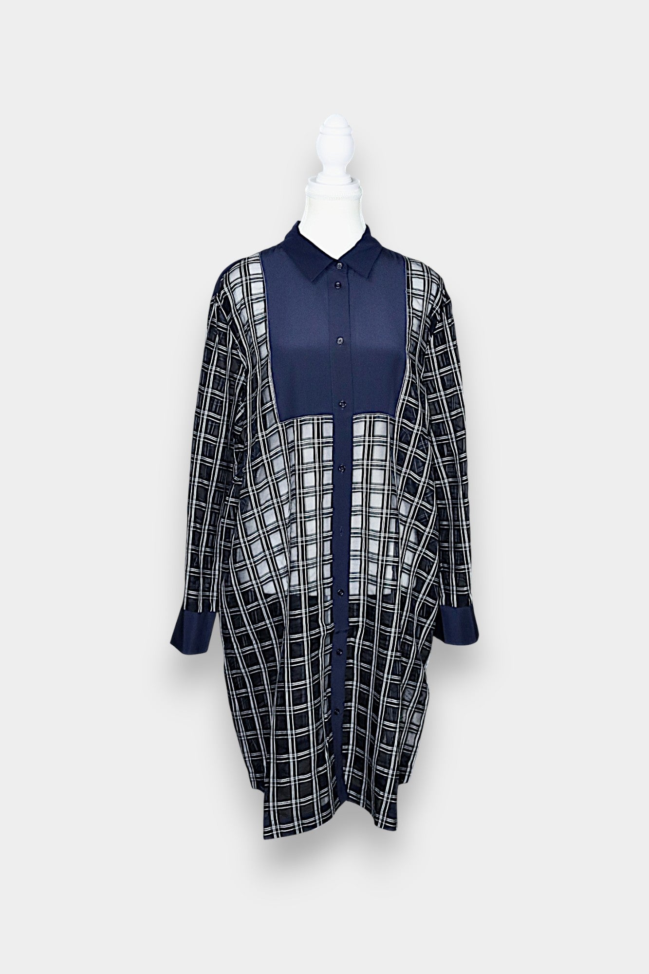 Sheer Mulberry Silk Shirt Dress | Navy Check with Contrast Panels