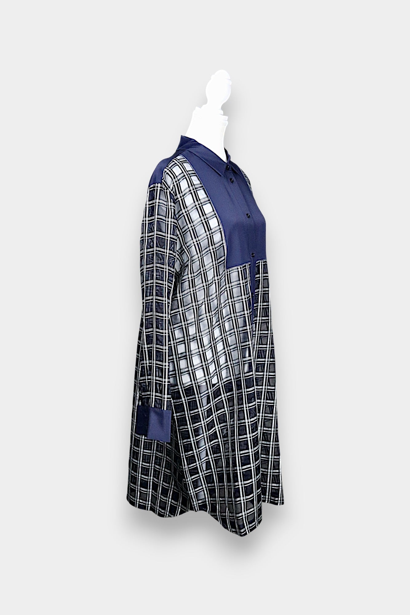 Sheer Mulberry Silk Shirt Dress | Navy Check with Contrast Panels