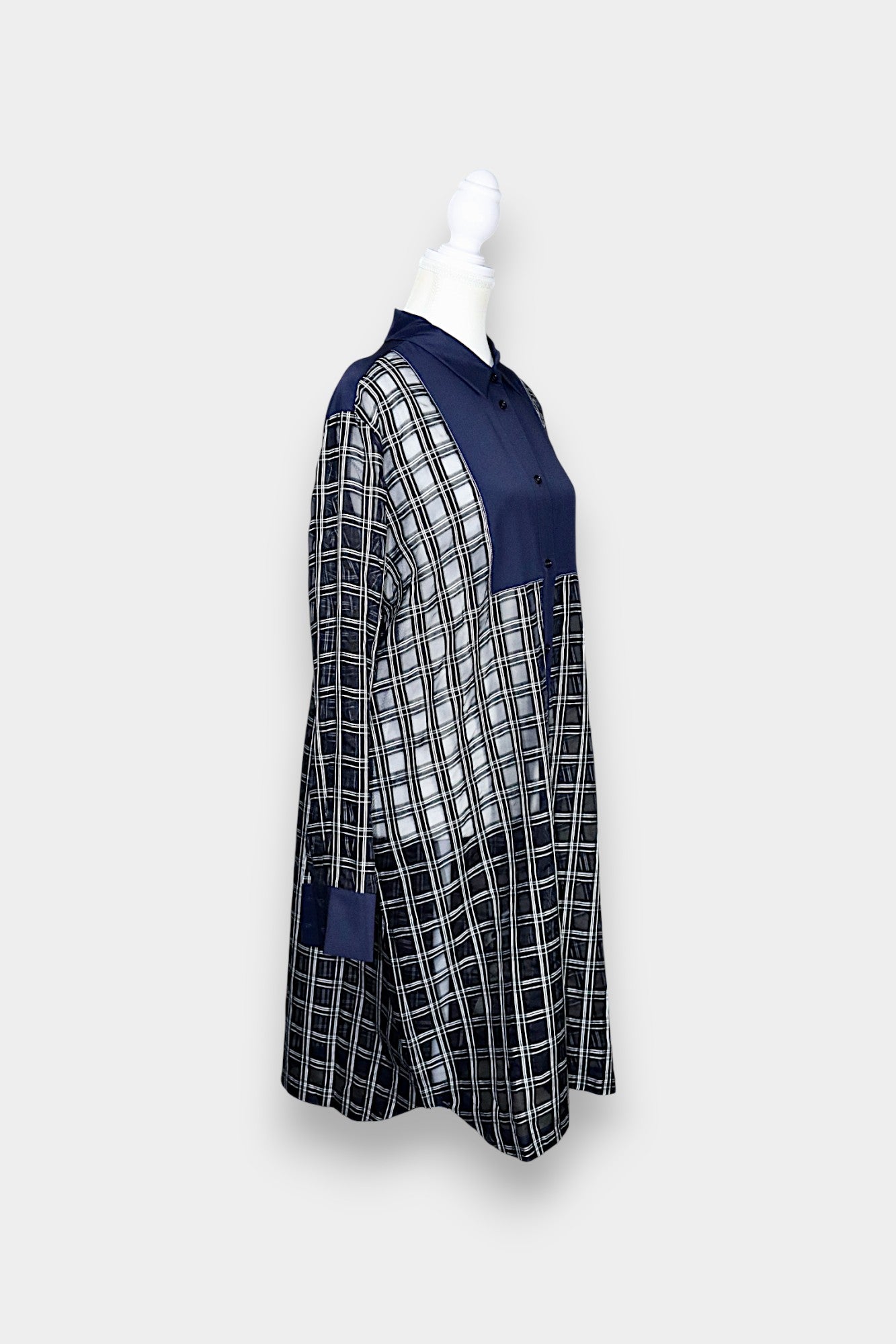 Sheer Mulberry Silk Shirt Dress | Navy Check with Contrast Panels