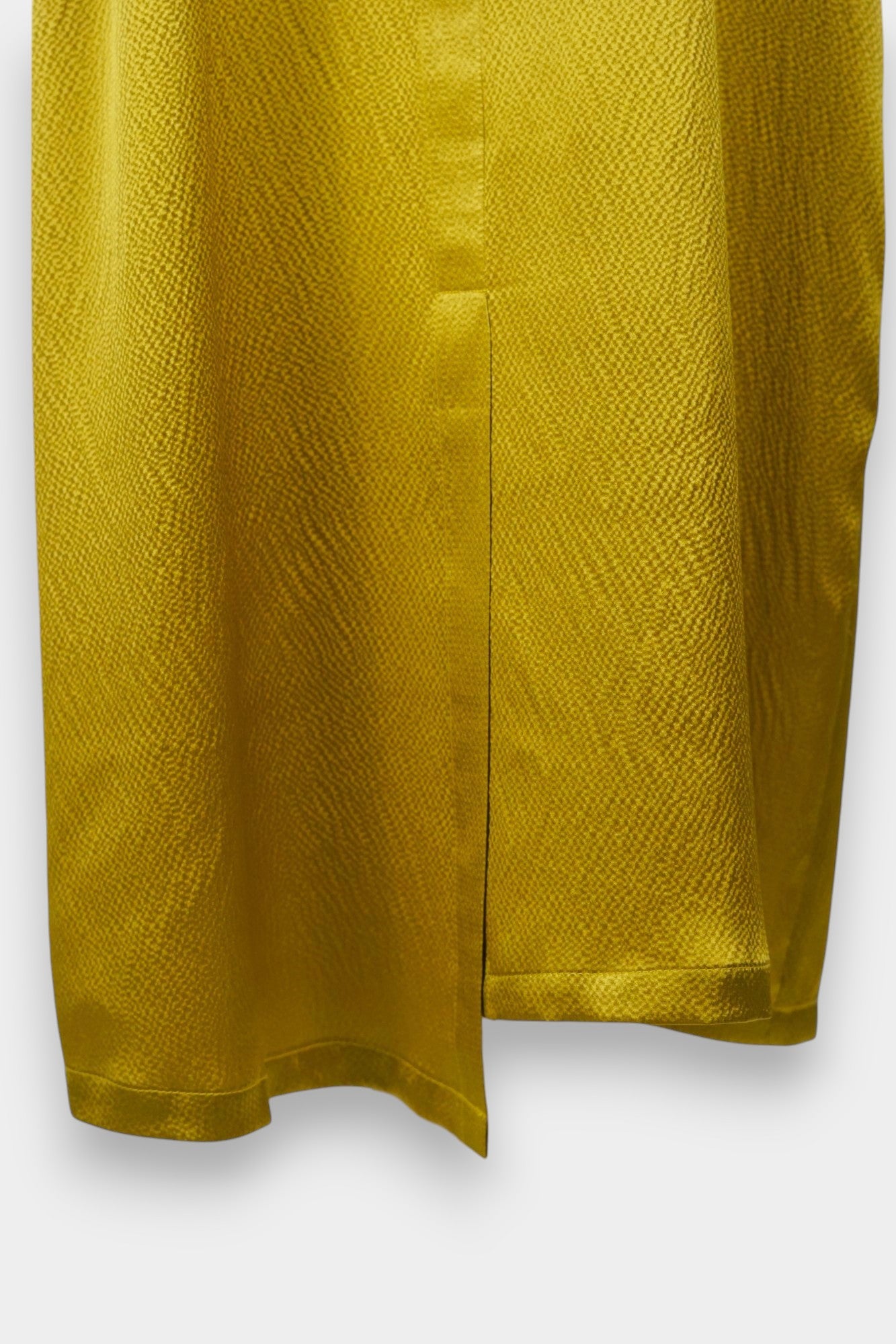 Mustard yellow midi shift dress featuring unique horizontal loop button detailing on the chest