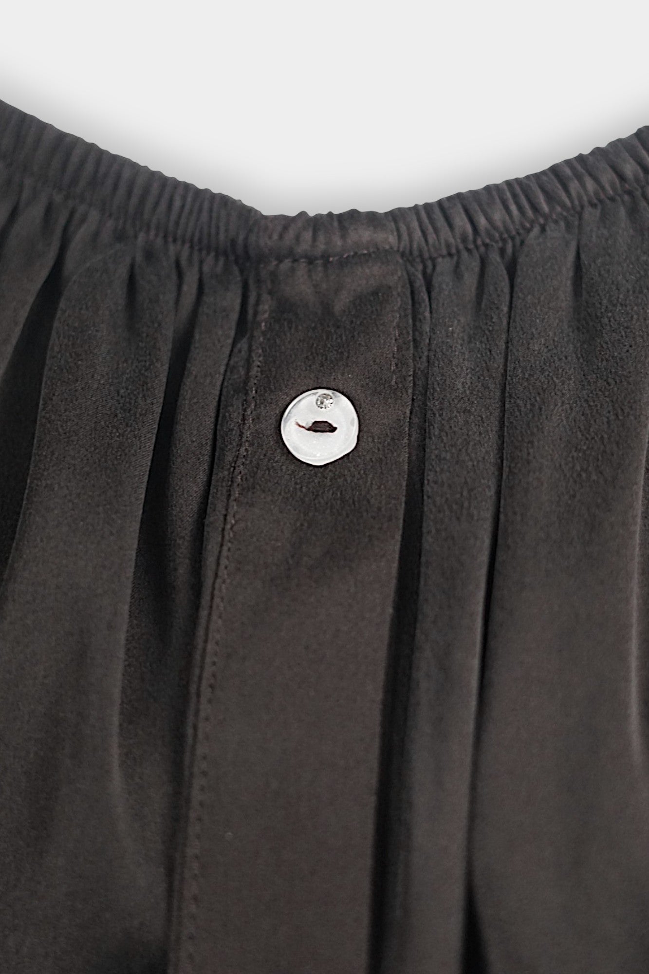 Dark chocolate brown silk button-down blouse featuring a gathered scoop neckline and short puff sleeves