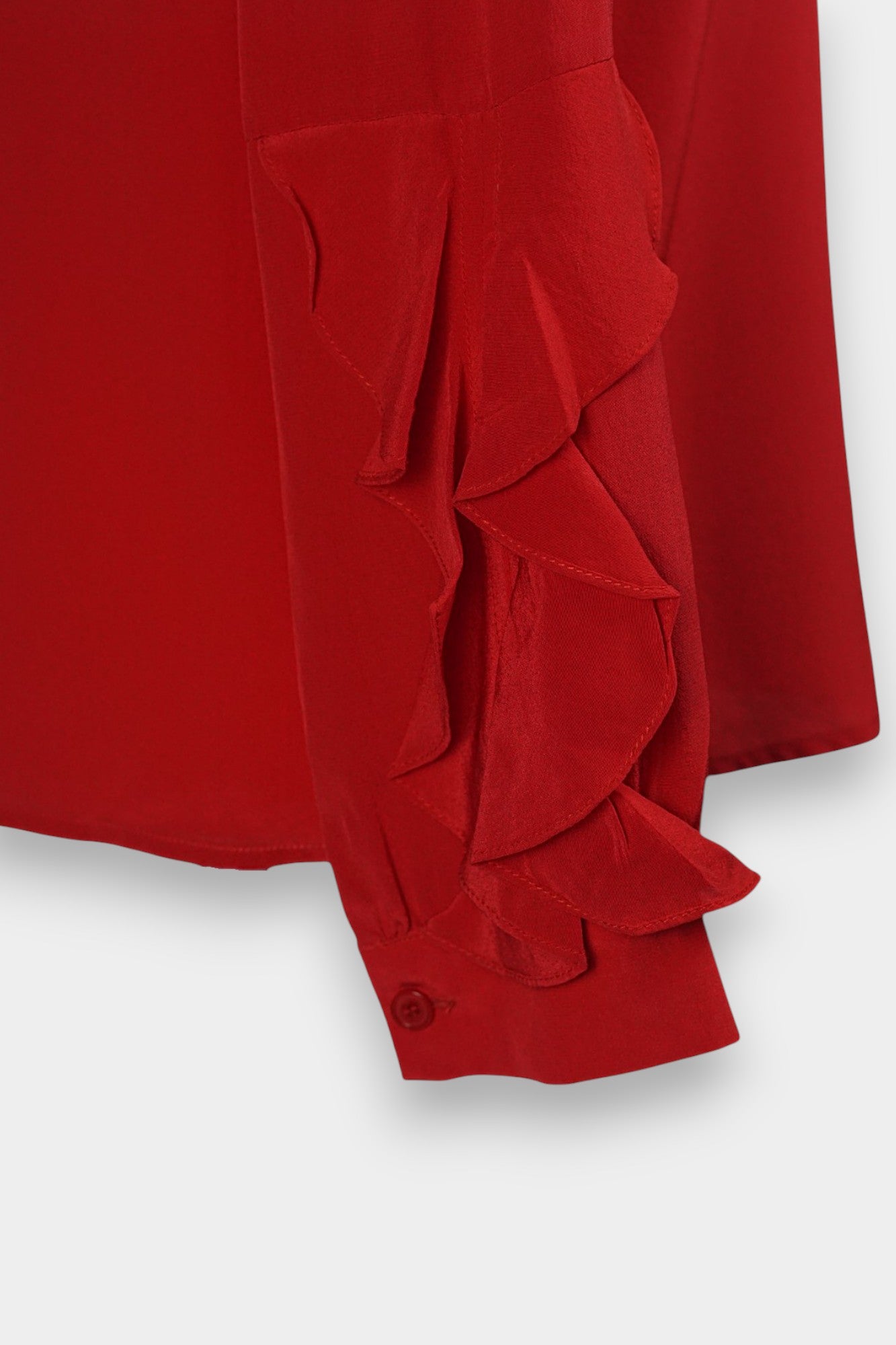 Women's red silk long sleeve top, button-down shirt with cascading ruffles for parties or work
