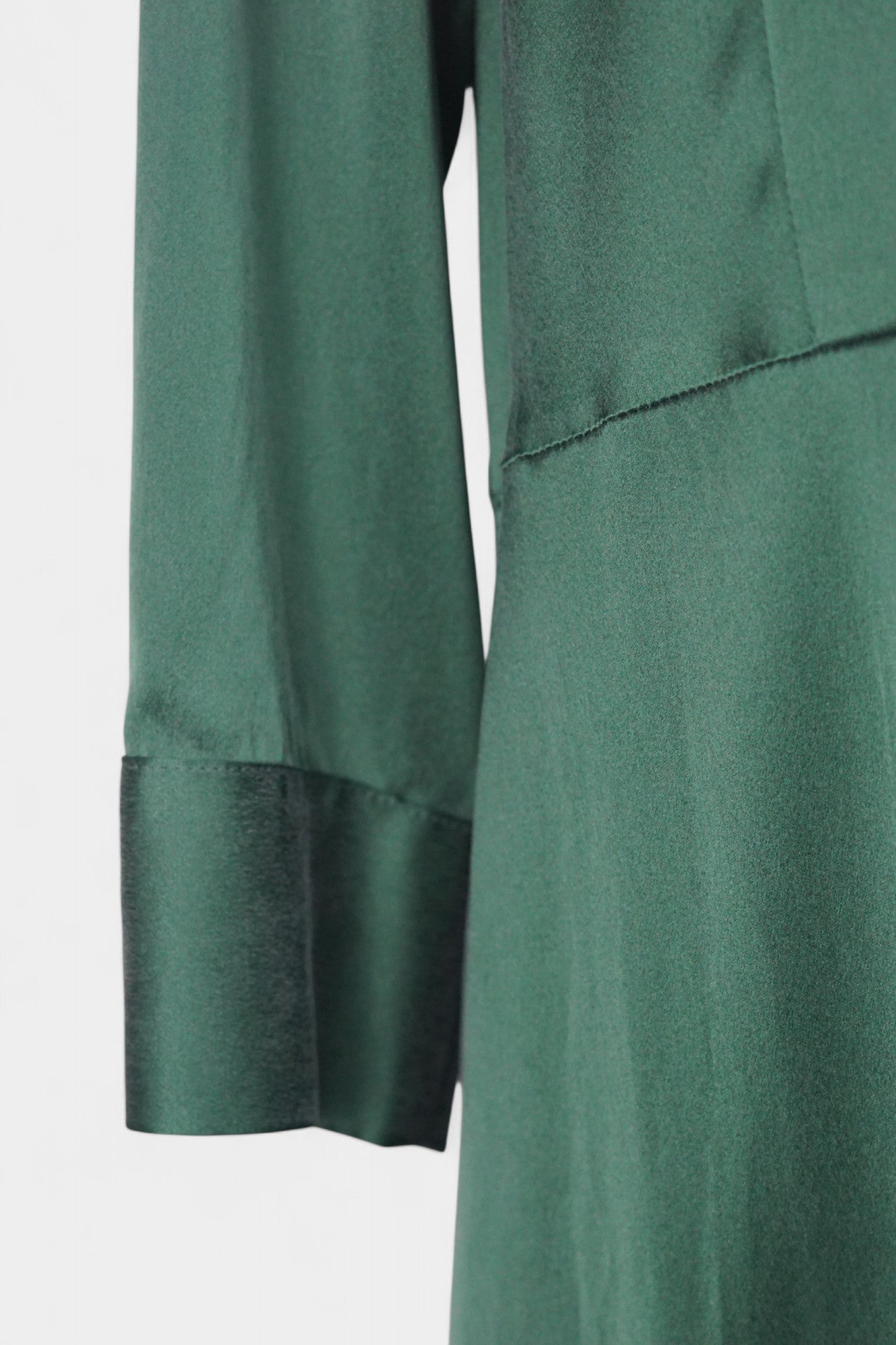 Long sleeve forest green silk shirt dress that can be worn as a lightweight duster jacket