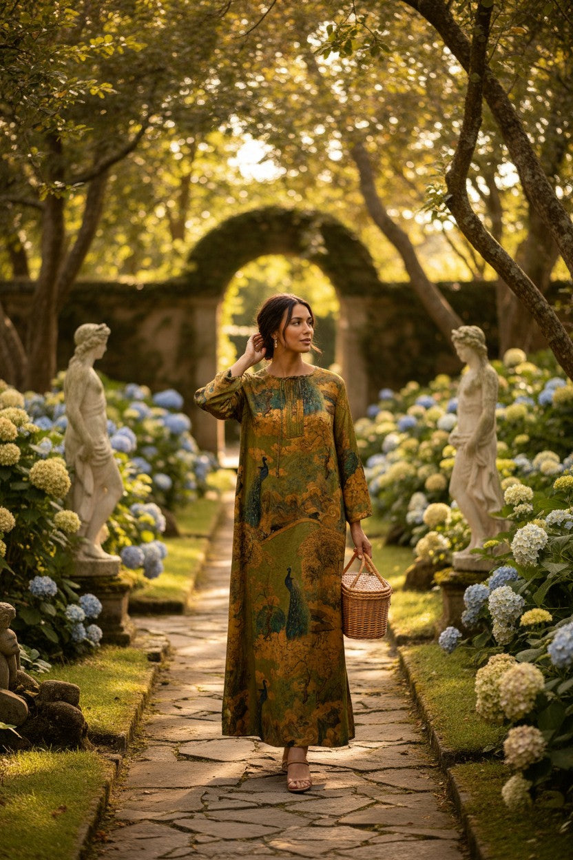 Gambiered Guangdong Gauze Silk Peacock Landscape Long Dress