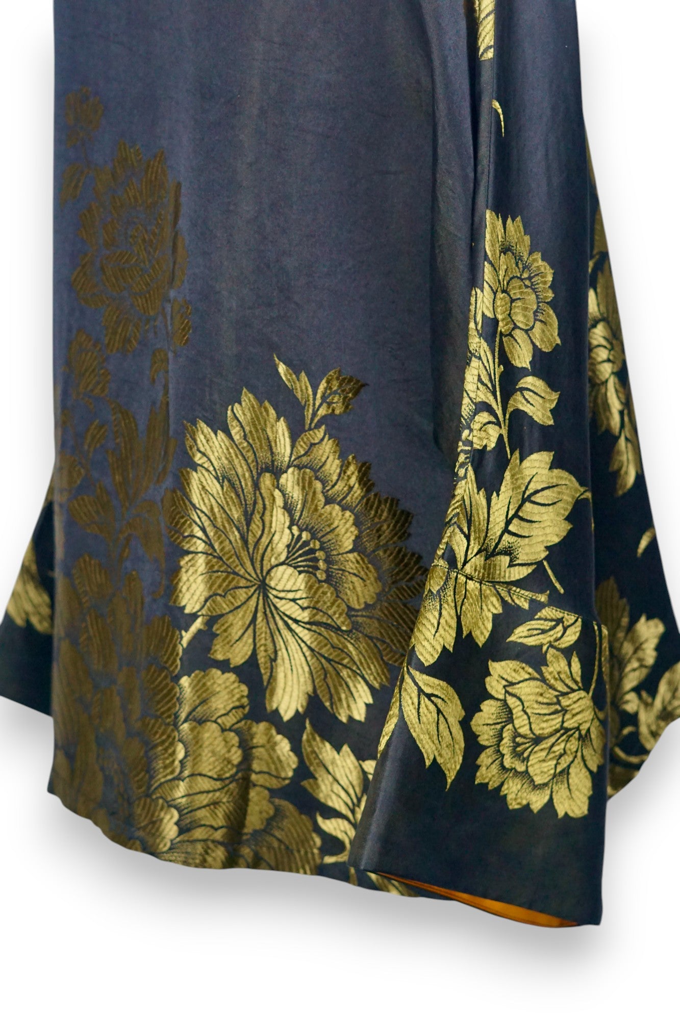 Black Song Brocade silk shirt featuring large gold floral jacquard and mandarin collar.