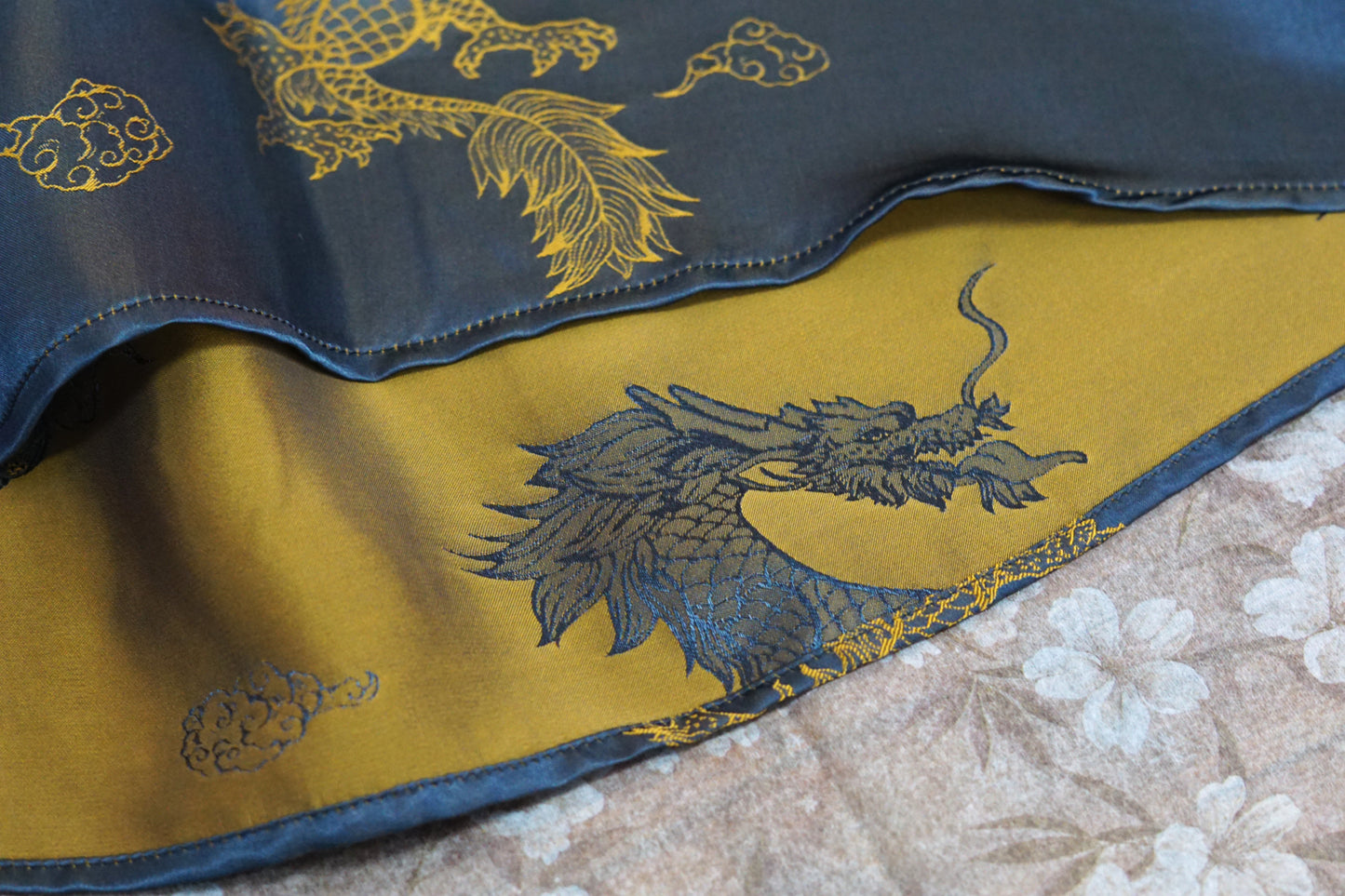 Women's Chinese luxury top, dark grey Song Jin silk blouse with imperial gold dragon embroidery for special occasions.