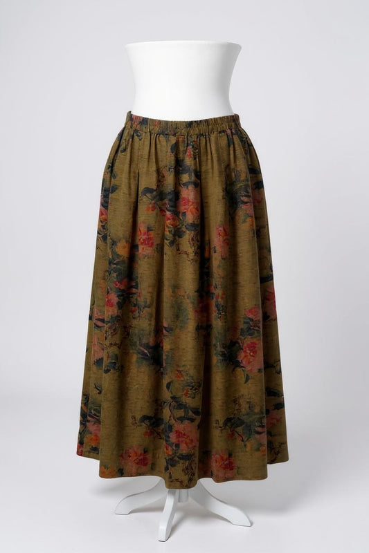 Floral Print Gambiered Guangdong Gauze Silk Skirt | A-Line Midi Skirt