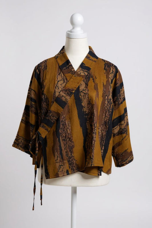 Handcrafted Gambiered Guangdong Gauze Silk Wrap Top | Brown & Black