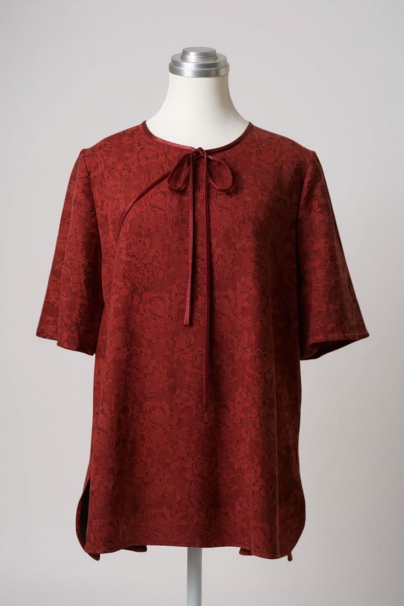Elegant Red Jacquard Gambiered Guangdong Gauze Silk Top | Tie-Neck Blouse