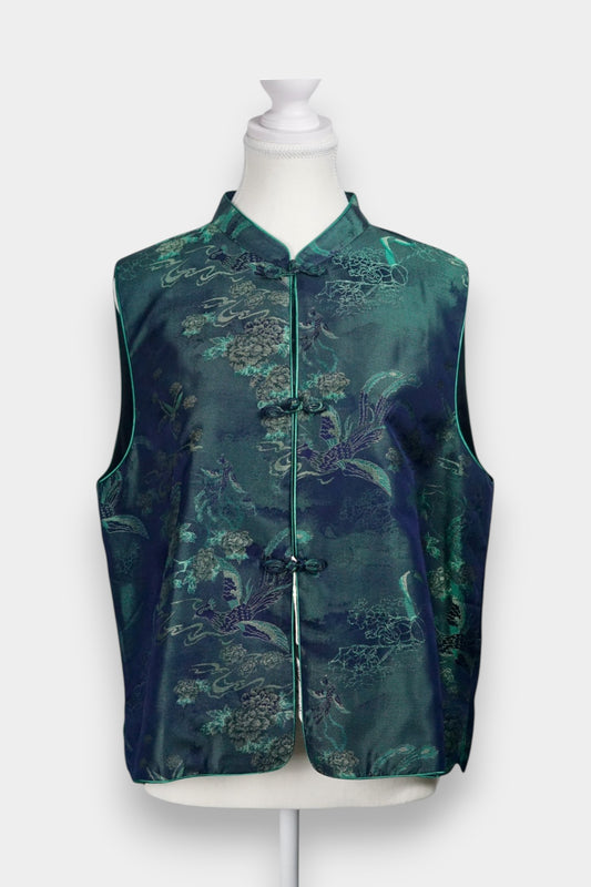Handcrafted Emerald Silk Brocade Vest | 100% Mulberry Silk with Knot Buttons