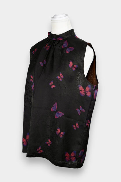 Gambiered Guangdong Gauze Silk Butterfly Print Sleeveless Blouse