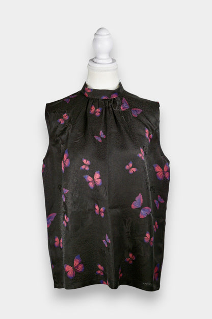 Gambiered Guangdong Gauze Silk Butterfly Print Sleeveless Blouse
