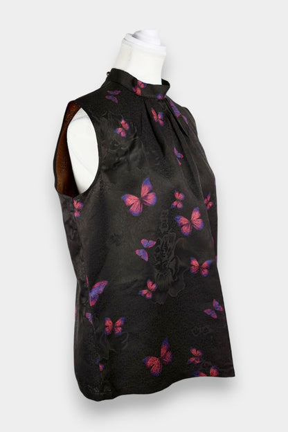 Gambiered Guangdong Gauze Silk Butterfly Print Sleeveless Blouse