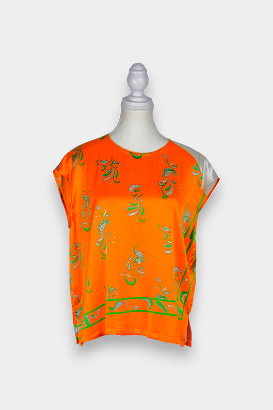 Handmade Mulberry Silk Blouse | Orange & Green Floral