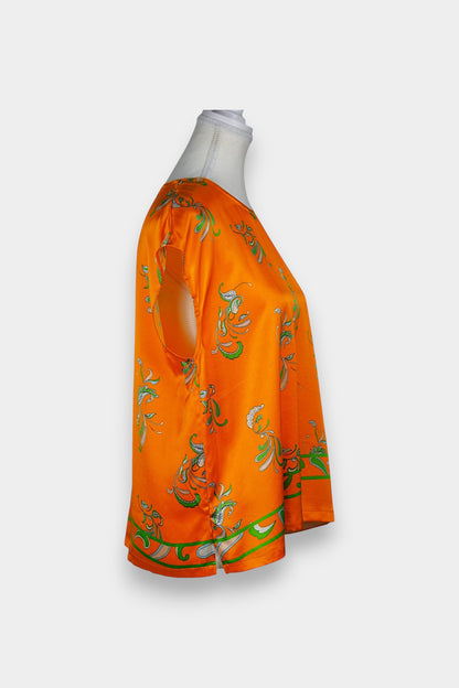 Handmade Mulberry Silk Blouse | Orange & Green Floral