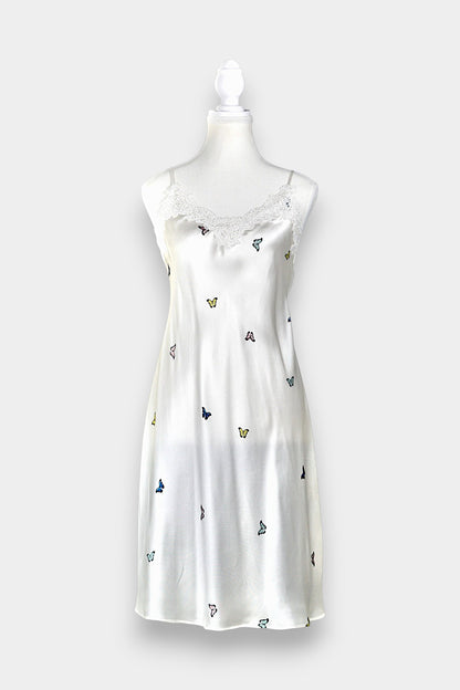 Handcrafted Mulberry Silk Slip Dress | White Butterfly Print
