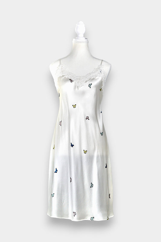 Handcrafted Mulberry Silk Slip Dress | White Butterfly Print