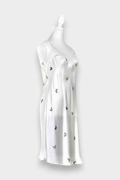 Handcrafted Mulberry Silk Slip Dress | White Butterfly Print