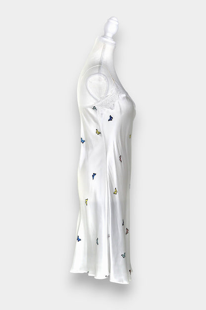 Handcrafted Mulberry Silk Slip Dress | White Butterfly Print
