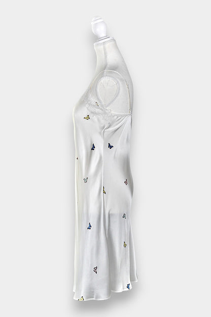Handcrafted Mulberry Silk Slip Dress | White Butterfly Print