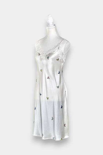 Handcrafted Mulberry Silk Slip Dress | White Butterfly Print