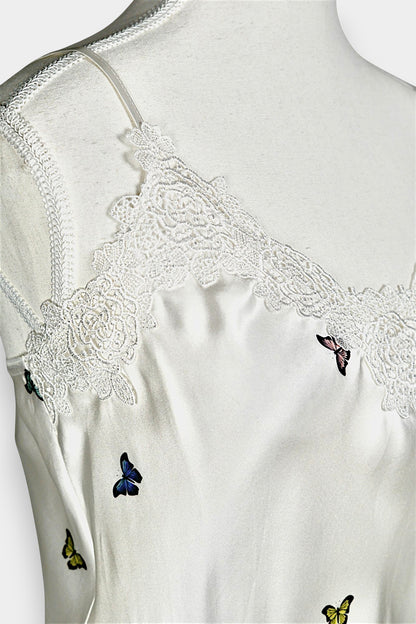 Handcrafted Mulberry Silk Slip Dress | White Butterfly Print